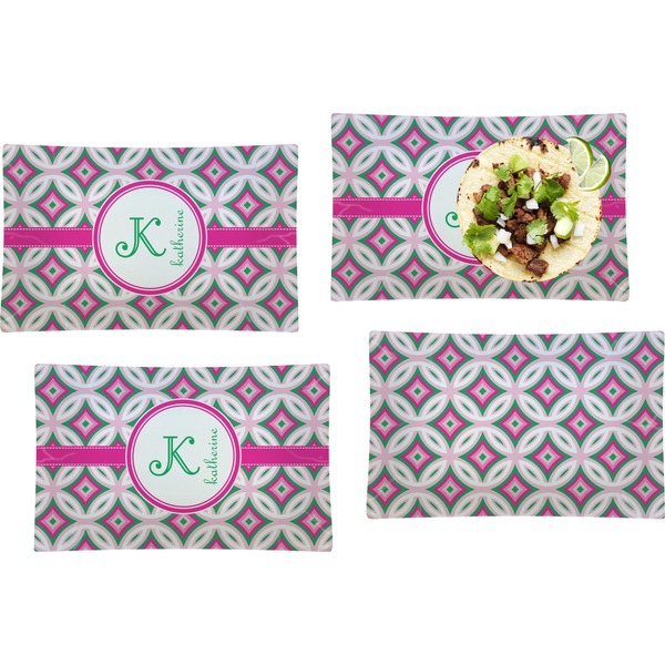 Custom Linked Circles & Diamonds Set of 4 Glass Rectangular Lunch / Dinner Plate (Personalized)