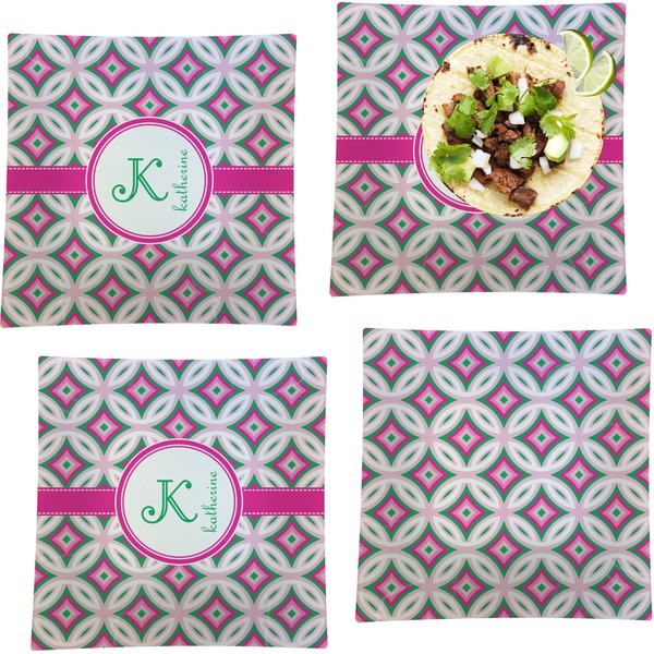 Custom Linked Circles & Diamonds Set of 4 Glass Square Lunch / Dinner Plate 9.5" (Personalized)