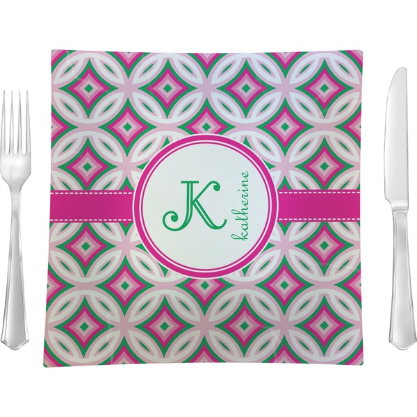 Custom Linked Circles & Diamonds Glass Square Lunch / Dinner Plate 9.5" (Personalized)