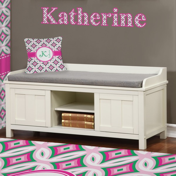 Linked Circles & Diamonds Wall Name Decal Above Storage bench