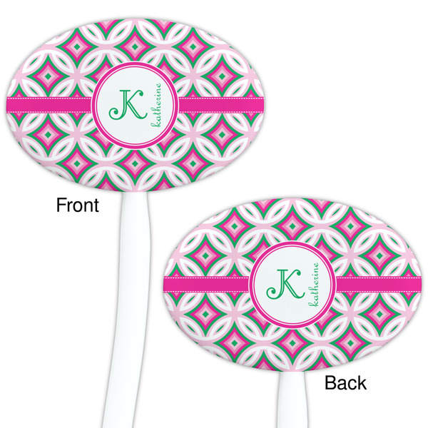 Linked Circles & Diamonds White Plastic 7" Stir Stick - Double Sided - Oval - Front & Back