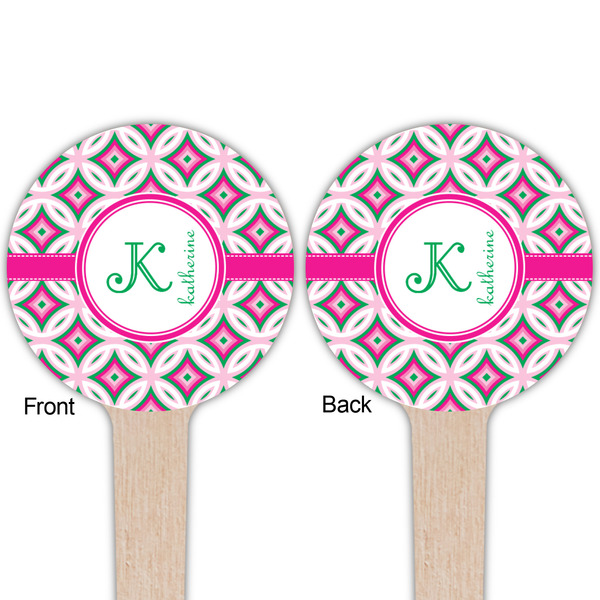 Linked Circles & Diamonds Wooden 4" Food Pick - Round - Double Sided - Front & Back