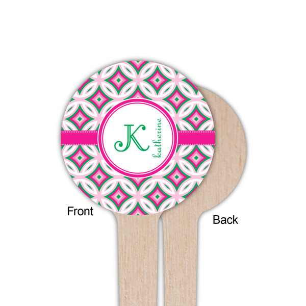Linked Circles & Diamonds Wooden 4" Food Pick - Round - Single Sided - Front & Back