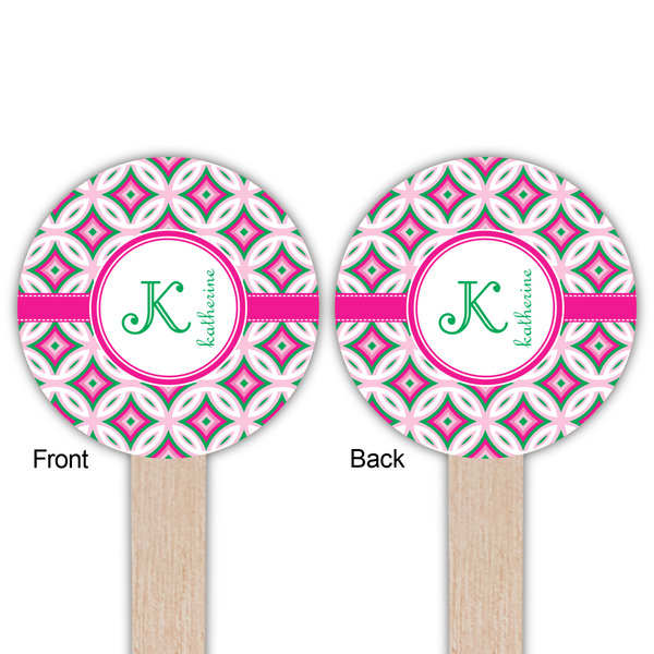 Linked Circles & Diamonds Wooden 6" Food Pick - Round - Double Sided - Front & Back