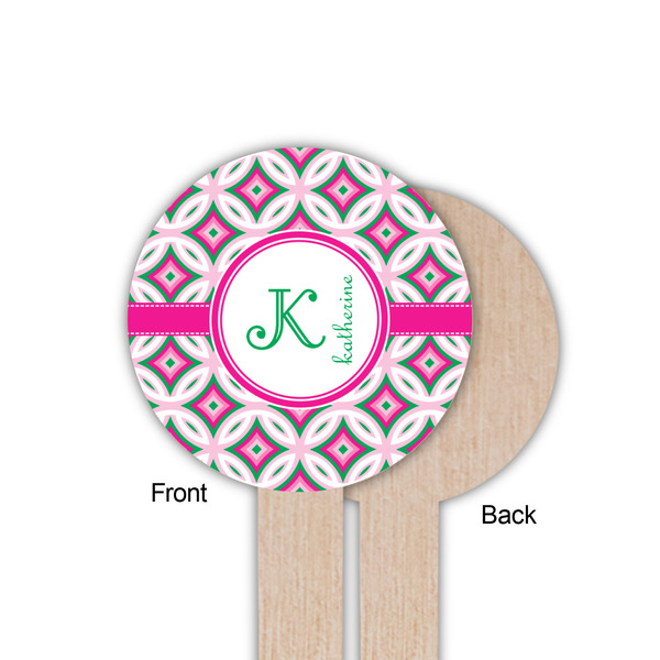 Linked Circles & Diamonds Wooden 6" Food Pick - Round - Single Sided - Front & Back