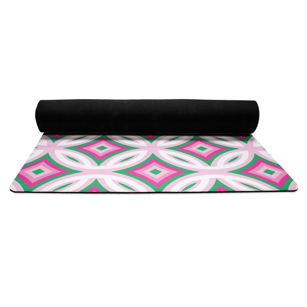 Linked Circles & Diamonds Yoga Mat Rolled up Black Rubber Backing