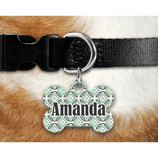Geometric Circles Bone Shaped Dog Tag on Collar & Dog