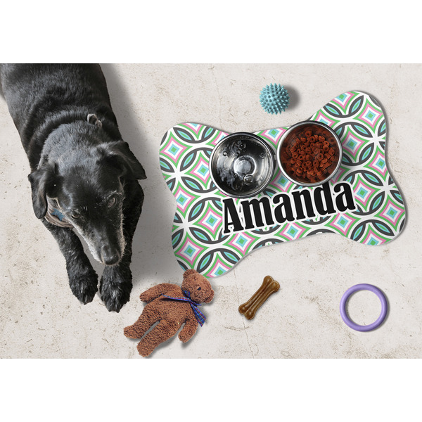 Geometric Circles Bone Shaped Mat w/ Food & Water