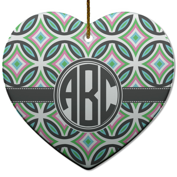 Custom Geometric Circles Heart Ceramic Ornament w/ Monogram