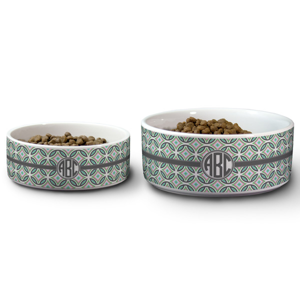 Geometric Circles Ceramic Dog Bowls - Size Comparison