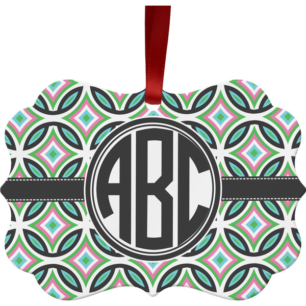 Custom Geometric Circles Metal Frame Ornament - Double Sided w/ Monogram