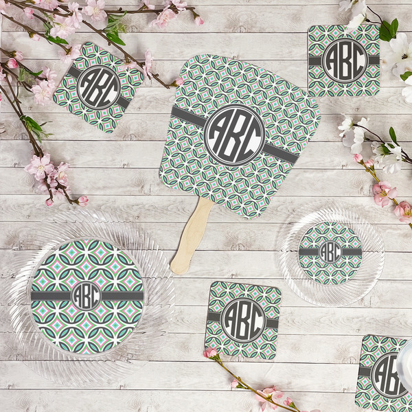 Geometric Circles Party Supplies Combination Image - All items - Plates, Coasters, Fans