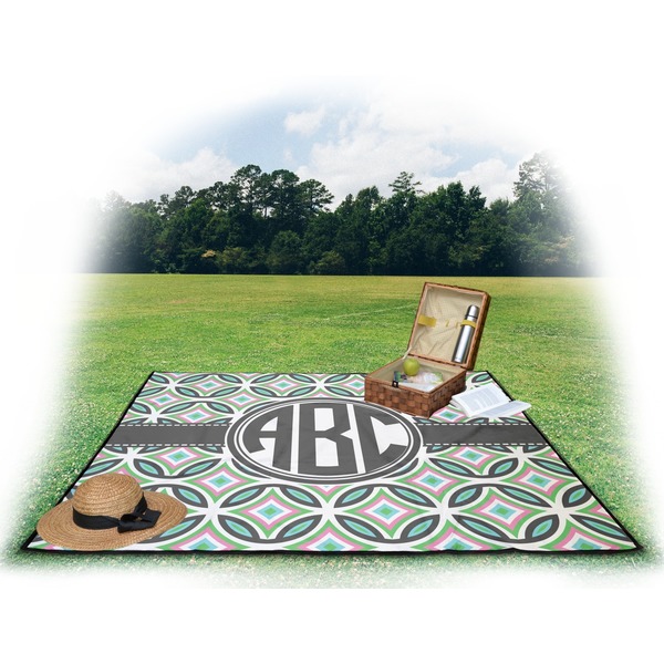 Geometric Circles Picnic Blanket - with Basket Hat and Book - in Use