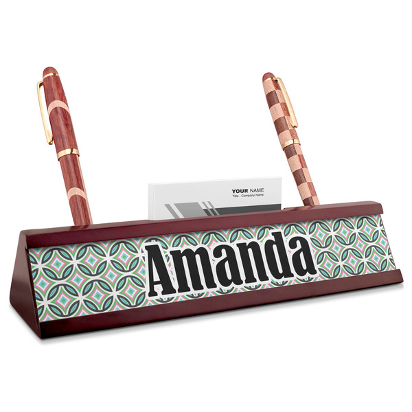 Custom Geometric Circles Red Mahogany Nameplate with Business Card Holder (Personalized)
