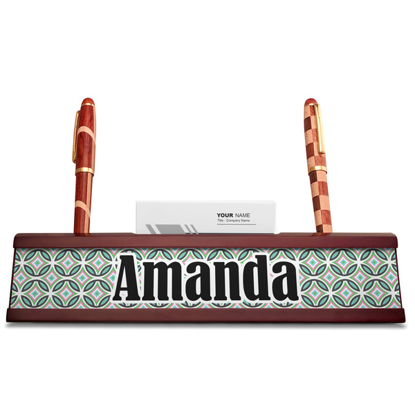 Geometric Circles Red Mahogany Nameplates with Business Card Holder - Straight