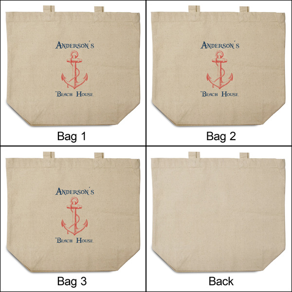 Chic Beach House 3 Reusable Cotton Grocery Bags - Front & Back View
