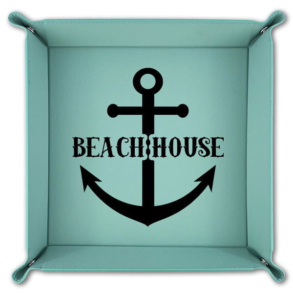 Chic Beach House 9" x 9" Teal Leatherette Snap Up Tray - FOLDED
