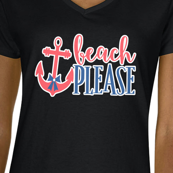 Chic Beach House Black V-Neck T-Shirt on Model - CloseUp