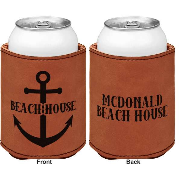 Chic Beach House Cognac Leatherette Can Sleeve - Double Sided Front and Back