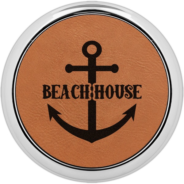 Custom Chic Beach House Leatherette Round Coaster w/ Silver Edge