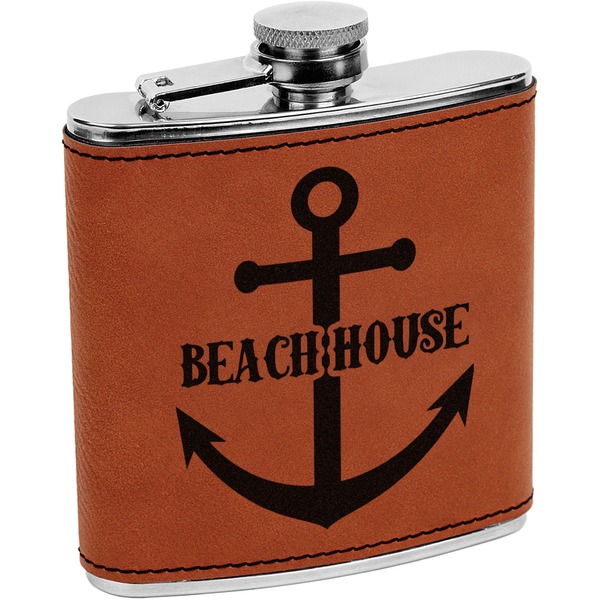 Custom Chic Beach House Leatherette Wrapped Stainless Steel Flask