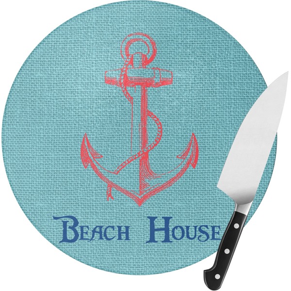 Custom Chic Beach House Round Glass Cutting Board - Medium