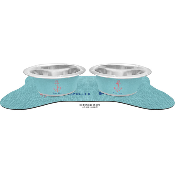 Chic Beach House Metal Pet Bowls - On Dog Bone Shaped Mat