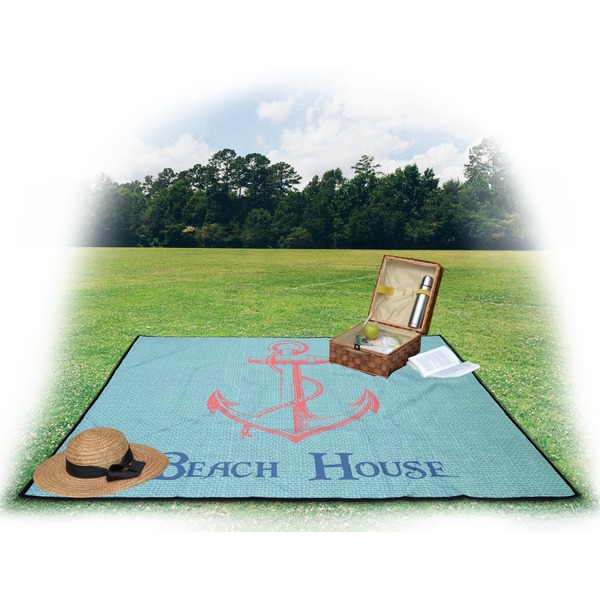 Chic Beach House Picnic Blanket - with Basket Hat and Book - in Use