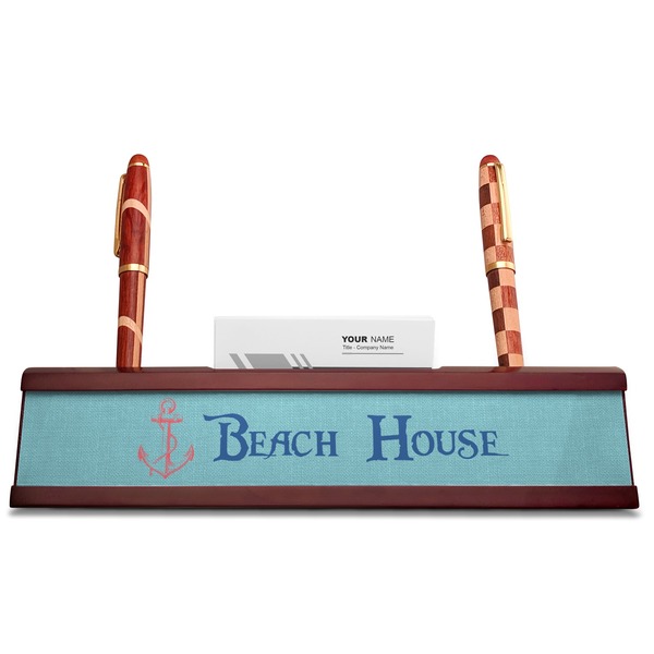 Chic Beach House Red Mahogany Nameplates with Business Card Holder - Straight