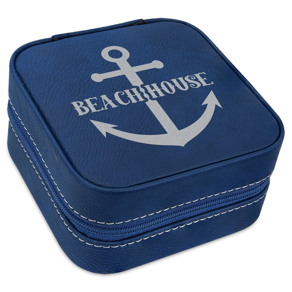 Custom Chic Beach House Travel Jewelry Box - Navy Blue Leather