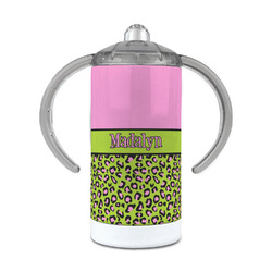 Pink & Lime Green Leopard 12 oz Stainless Steel Sippy Cup (Personalized)