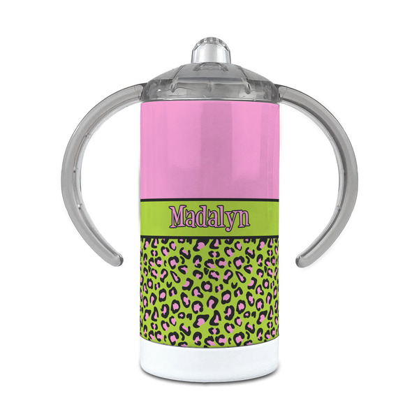 Custom Pink & Lime Green Leopard 12 oz Stainless Steel Sippy Cup (Personalized)