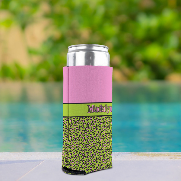 Pink & Lime Green Leopard Can Cooler - Tall 12oz - In Context
