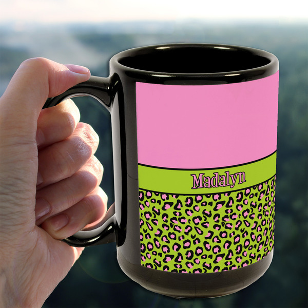 Pink & Lime Green Leopard 15oz. Black Mug - LIFESTYLE