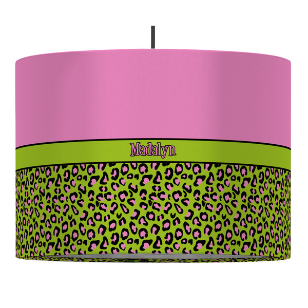 Custom Pink & Lime Green Leopard 16" Drum Pendant Lamp - Fabric (Personalized)