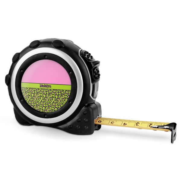Pink & Lime Green Leopard 16 Foot Black & Silver Tape Measures - Front