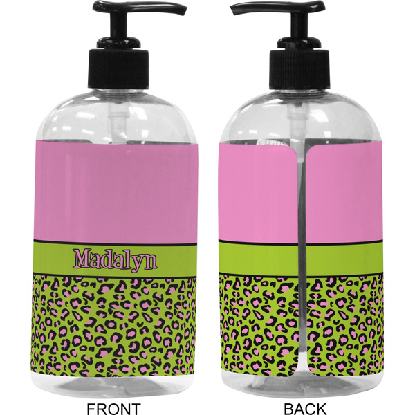 Pink & Lime Green Leopard 16 oz Plastic Liquid Dispenser (Approval) - Black