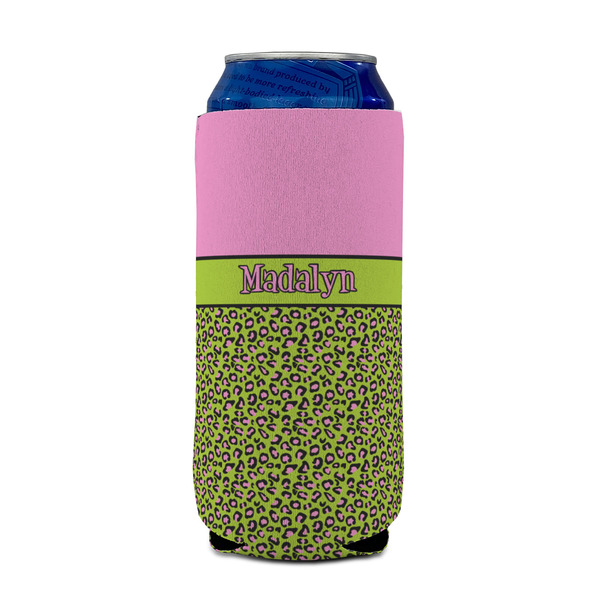 Pink & Lime Green Leopard 16oz Can Sleeve - FRONT (on can)