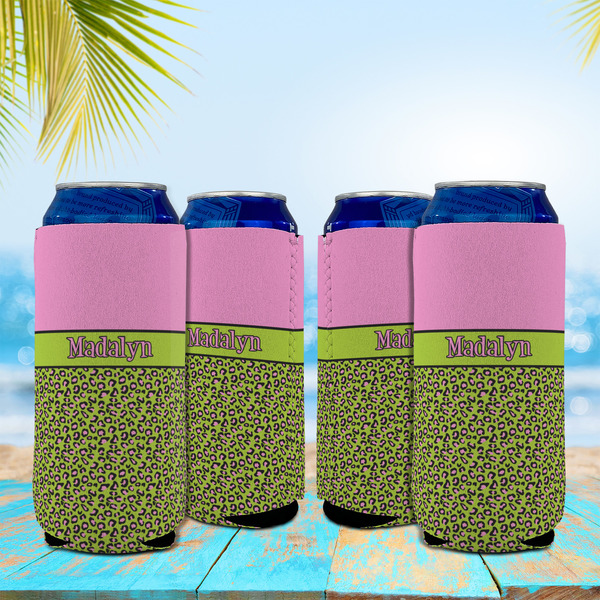 Pink & Lime Green Leopard 16oz Can Sleeve - Set of 4 - LIFESTYLE