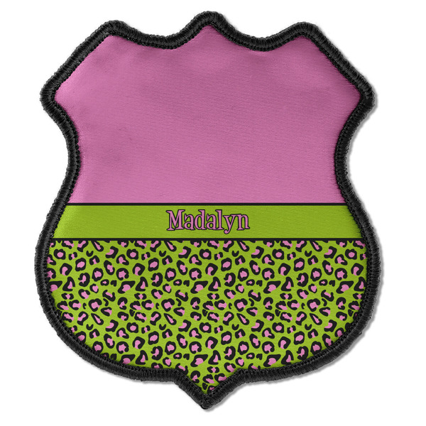 Custom Pink & Lime Green Leopard Iron On Shield Patch C w/ Name or Text