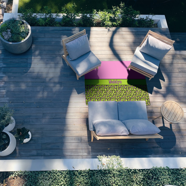 Pink & Lime Green Leopard 4'x6' Patio Rug - In context