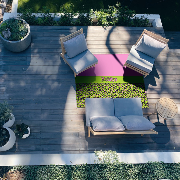 Pink & Lime Green Leopard 5'x7' Patio Rug - In context