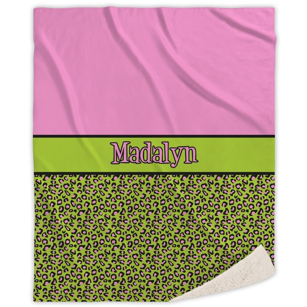 Custom Pink & Lime Green Leopard Sherpa Throw Blanket - 60"x80" (Personalized)