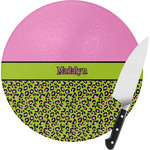 Pink & Lime Green Leopard Round Glass Cutting Board - Small (Personalized)