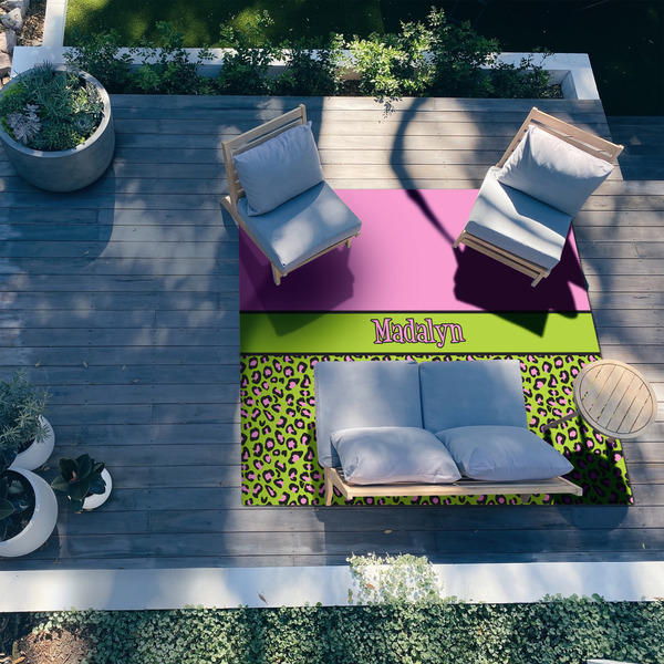 Pink & Lime Green Leopard 8'x10' Patio Rug - In context