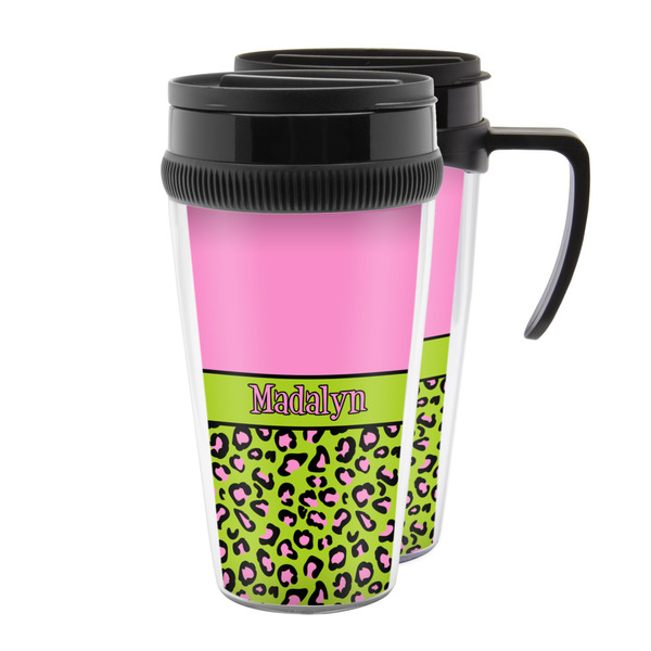 Custom Pink & Lime Green Leopard Acrylic Travel Mug (Personalized)