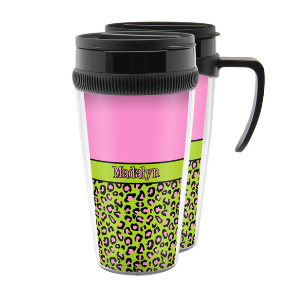 Custom Pink & Lime Green Leopard Acrylic Travel Mug (Personalized)