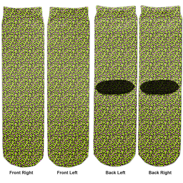 Pink & Lime Green Leopard Adult Crew Socks - Double Pair - Front and Back - Apvl