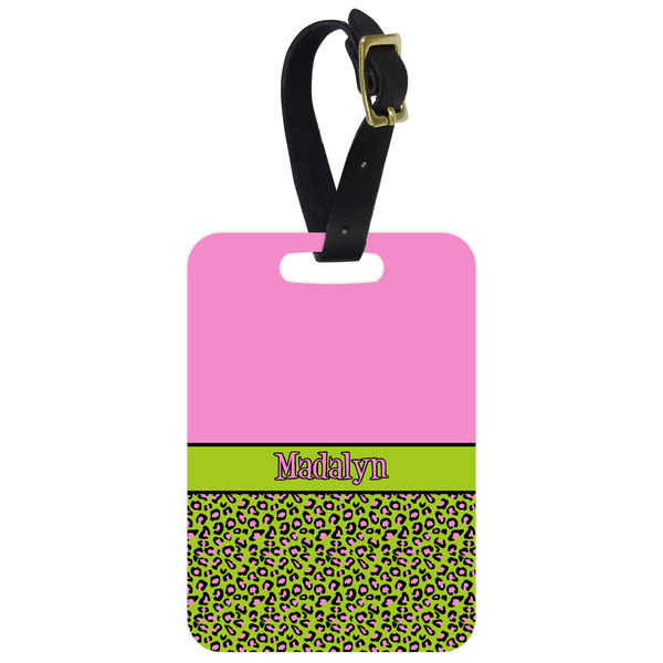 Custom Pink & Lime Green Leopard Metal Luggage Tag w/ Name or Text