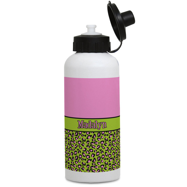 Custom Pink & Lime Green Leopard Water Bottles - Aluminum - 20 oz - White (Personalized)